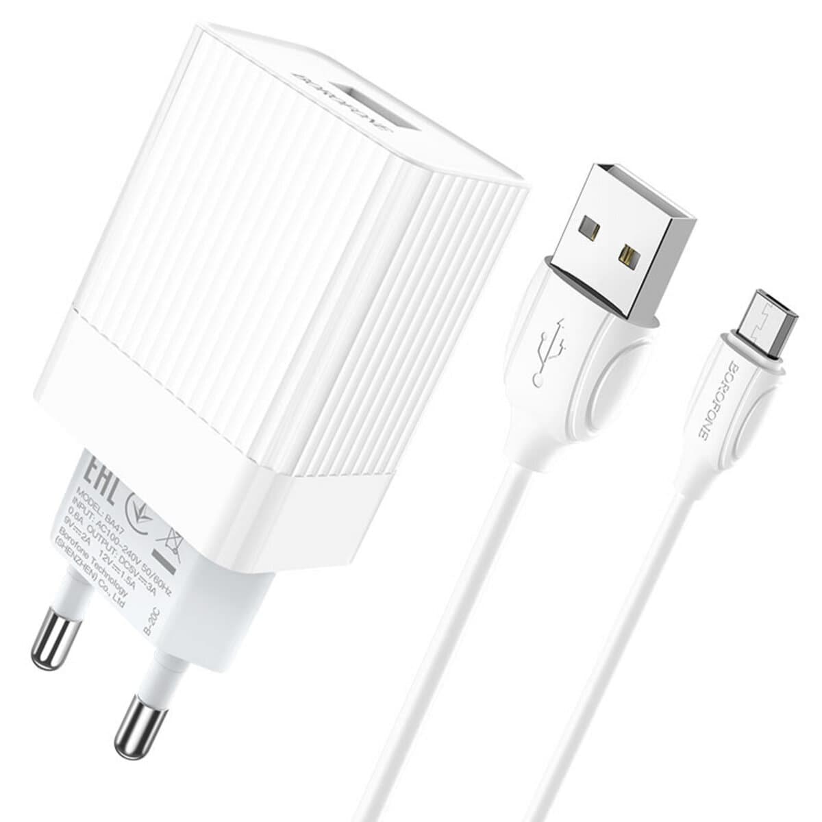 Зарядний пристрій BOROFONE BA47A Mighty speed single port QC3.0 3A USB to Micro-USB cable 18W White (BA47AMW)