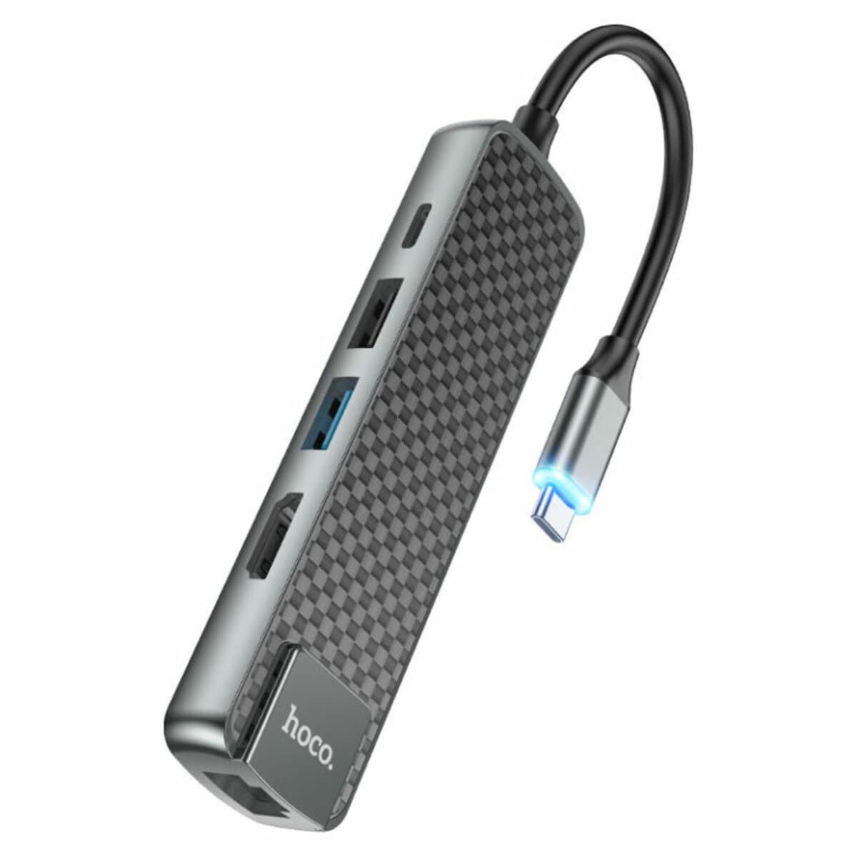 USB-хаб HOCO HB23 Easy view Type-C Multifunction Adapter HDTV+USB3.0+USB2.0+RJ45+PD Metal Gray