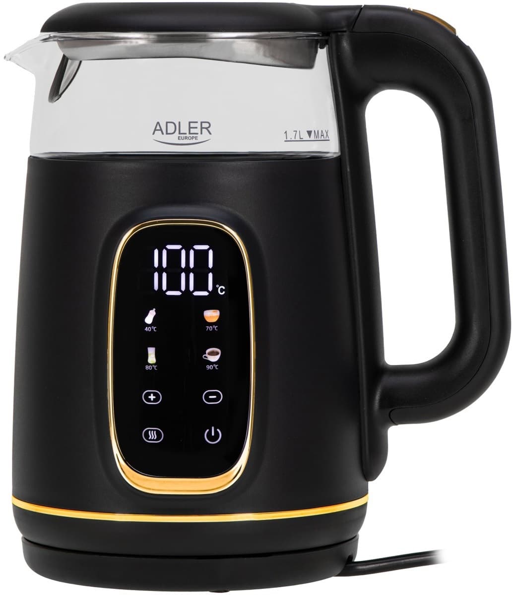 Електрочайник Adler AD 1305 2200W 1.7л скло встановлення температури Black-Gold (AD1305BG)