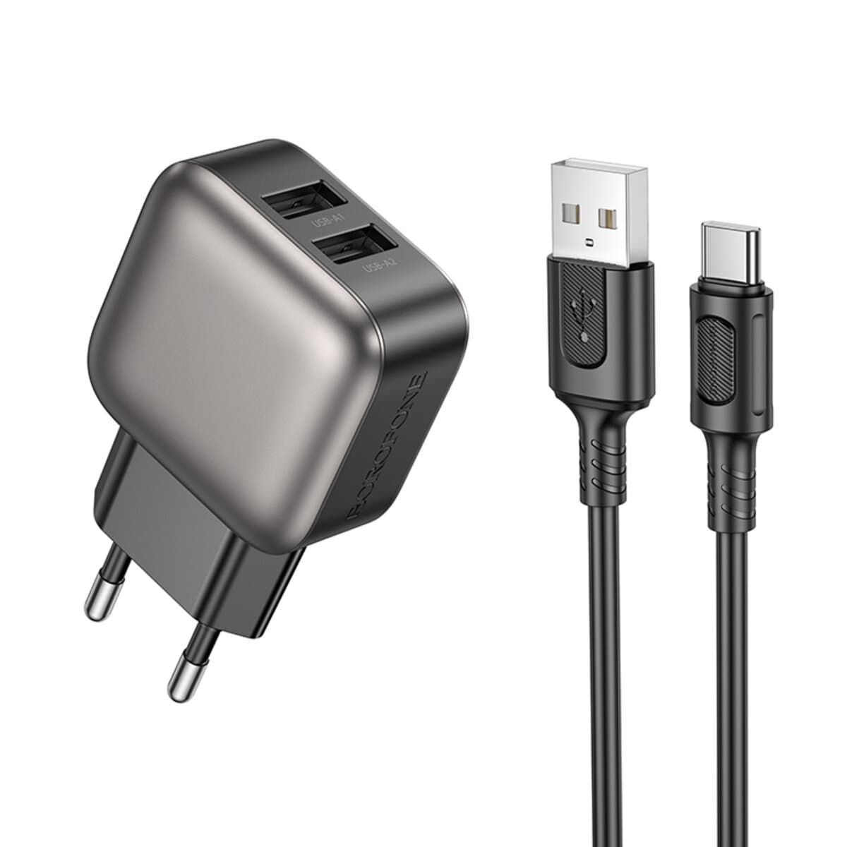 Зарядний пристрій з кабелем BOROFONE BAS51A Absolute dual-port charger set USB to Type-C 2.4A Black