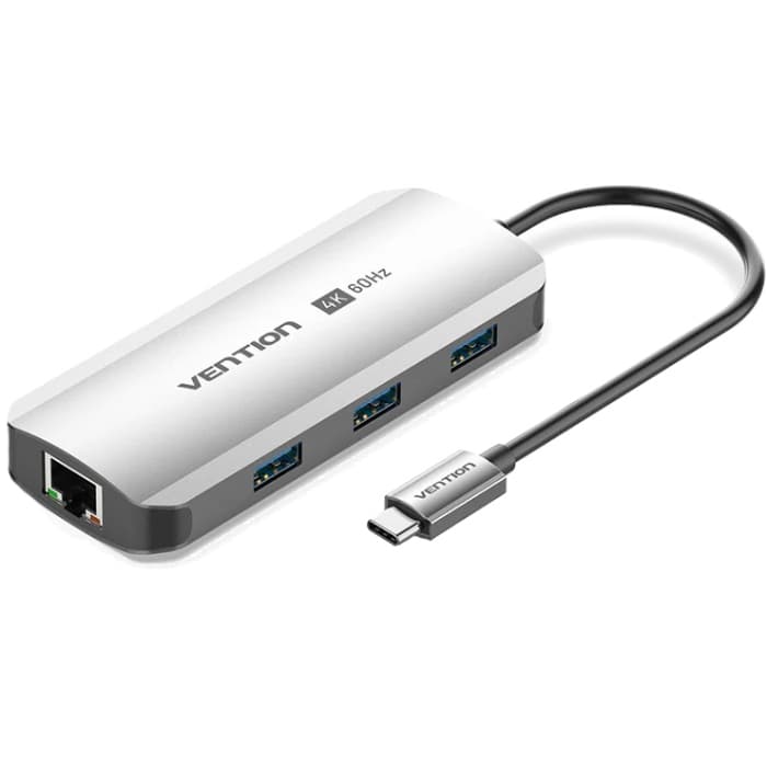 USB-хаб Vention USB3.1 Type-C to HDMI 4K60Hz USB 3.0x3 RJ45 PD 100W 6-in-1 Grey (TQHHB)
