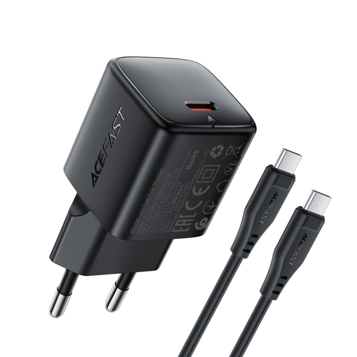 Зарядное устройство с кабелем ACEFAST A118 PD30W mini GaN Type-C fast charger 3A Black