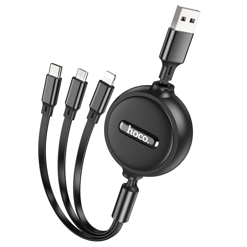 Кабель HOCO X75 3-in-1 double-pull charging cable 2A 1m USB to Lightning+Micro+Type-C Black
